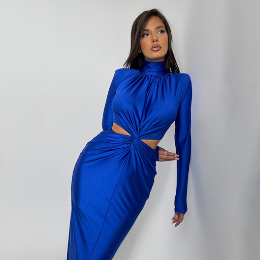 Color-Blue-Half High Collar Long Sleeves Stitching Dress Women Sexy Backless Pleated Dress Winter-Fancey Boutique
