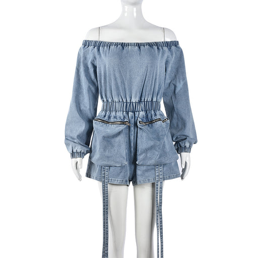 Women Pocket Denim Sexy Wash Short Wrapped Chest Elastic Waist Jumpsuit-Blue-Fancey Boutique