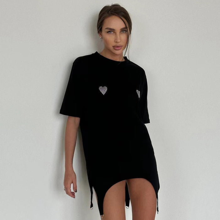 Loose Lazy Top Women Outer Wear Four Seasons Irregular Asymmetric Mid Length Rhinestone Fixed Short Sleeve T shirt-Fancey Boutique