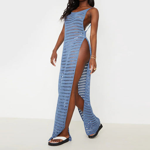 Women Dress Split Woolen Dress Sexy Spaghetti Straps Knitted Maxi Dress Vacation Dress-Fancey Boutique