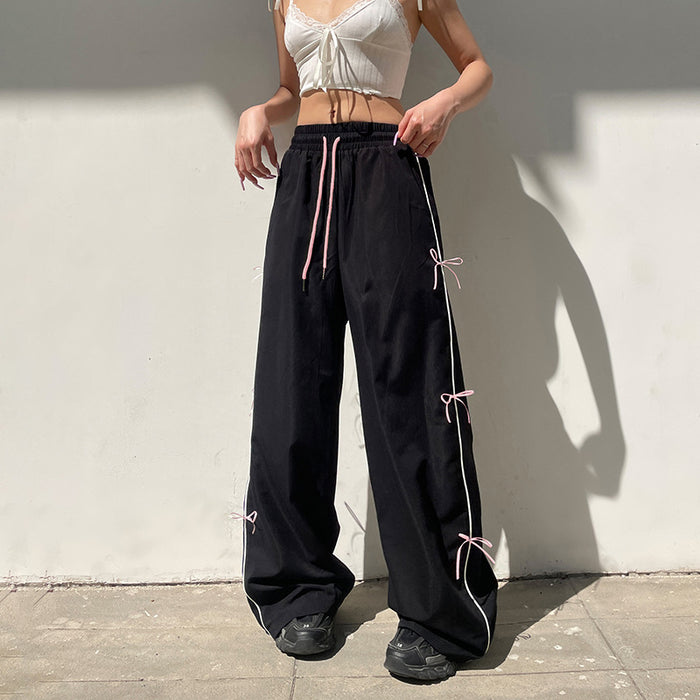 Street Sweet Spicy Wear Loose Woven Pants Personality Bow Stitching Wide Leg Slimming Show Casual Trousers for Women-Fancey Boutique