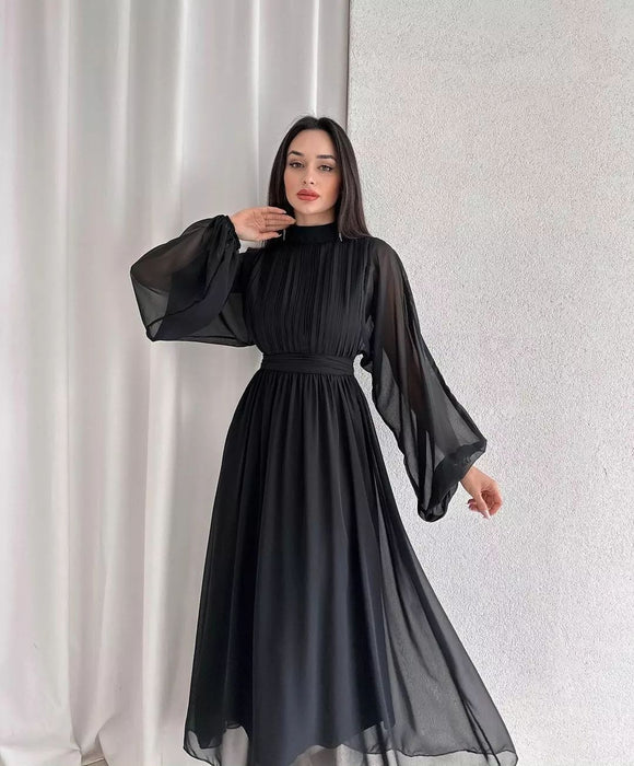 Color-Black-Elegant Half Turtleneck Long Sleeve Zipper Pleated Puffy Medium Long Trousers Fairy Dress Women-Fancey Boutique