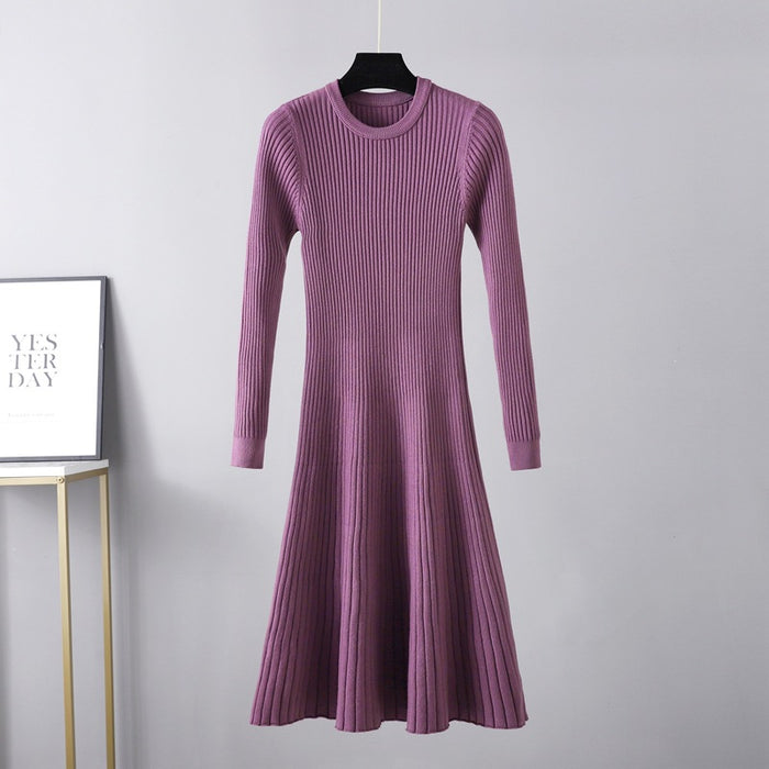 Color-Purple-Fall Winter Slim Dress Women Mid Length Dress Round Neck Maxi Dress Solid Color Inner Wear Base Sweater Dress A line Dress-Fancey Boutique