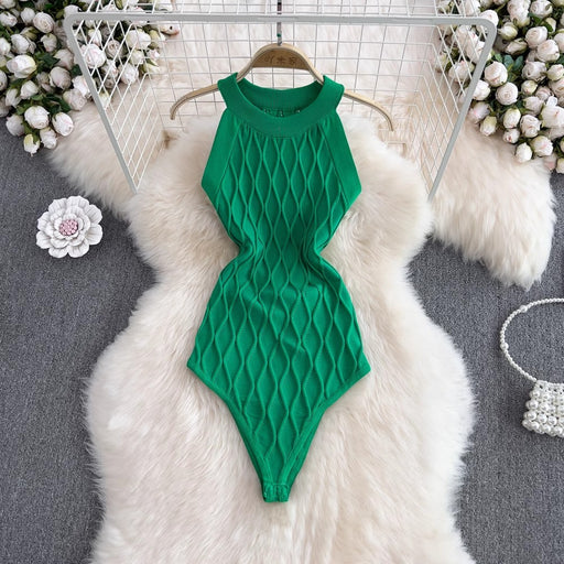 Color-Green-Sexy Sexy Round Neck Halter Off The Shoulder Sling Vest Jumpsuit Women Western Slim Fit Knitwear Top Summer-Fancey Boutique