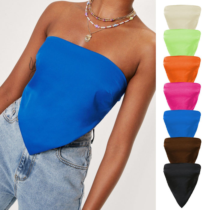 Color-Sexy Back Lace up Satin Wrapped Chest Solid Color Triangular Binder cropped Exposed Non Slip Tube Hankey Hem Top Women Clothing-Fancey Boutique