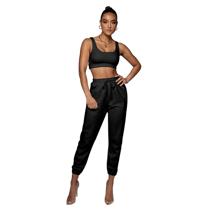 Color-Black-Spring Summer Solid Color Vest Sleeveless Short Women Two Piece Pants Casual Set-Fancey Boutique