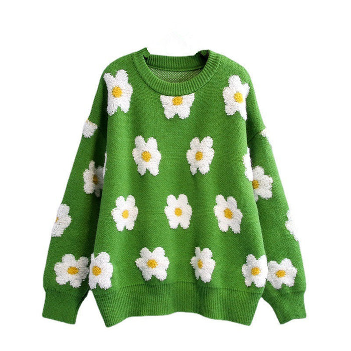 Color-Green-Autumn Winter Three Dimensional Little Daisy Thickened Black White Contrast Color Knitted Sweater Pullover for Women-Fancey Boutique