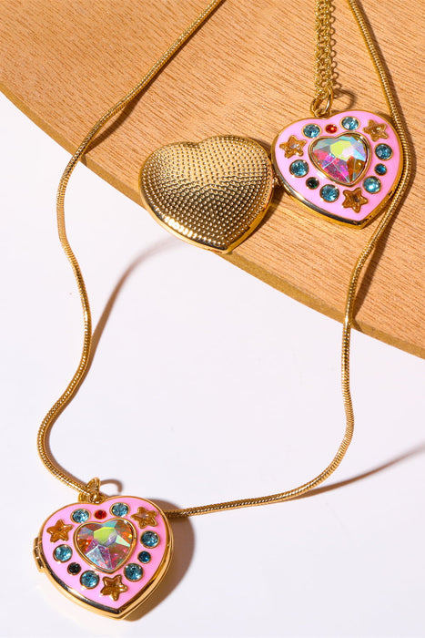 Rhinestone Decor Heart Box Pendant Necklace-Fancey Boutique