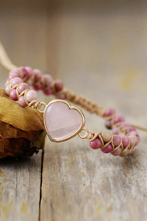 Rose Quartz Heart Beaded Bracelet-One Size-Fancey Boutique