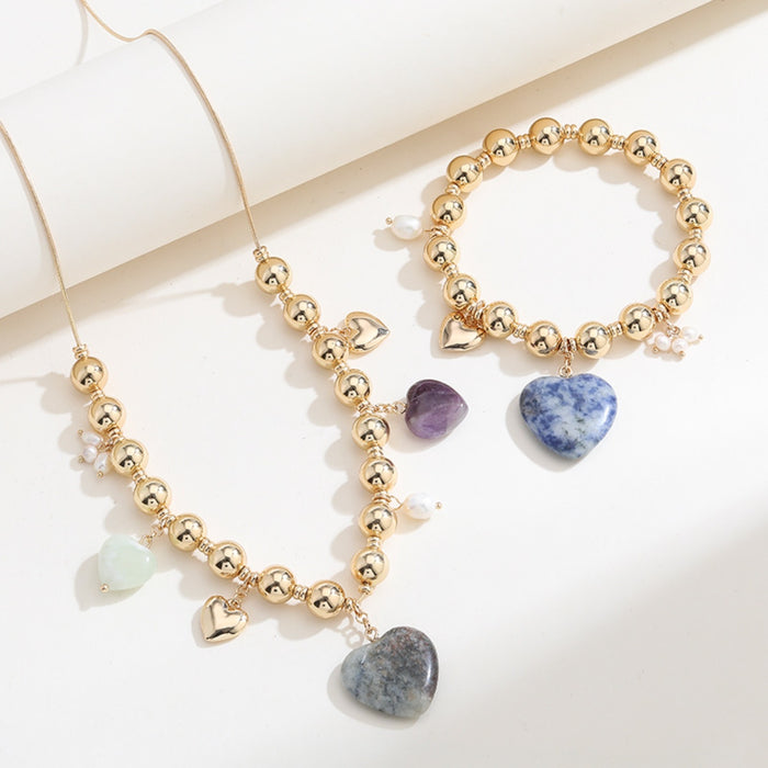 Natural Stone Gold-Plated Heart Bracelet-One Size-Fancey Boutique