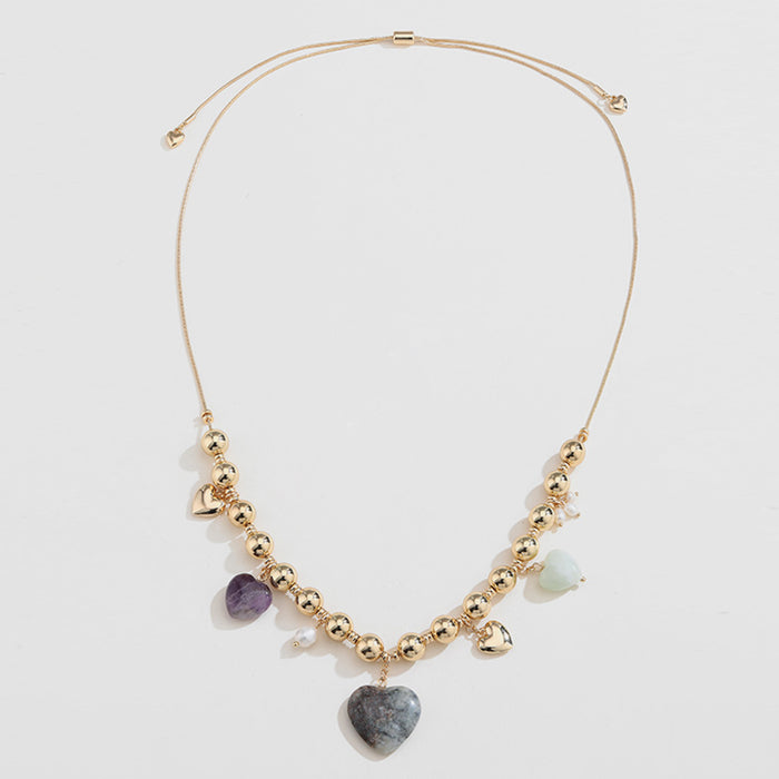 Natural Stone Gold-Plated Heart Necklace-One Size-Fancey Boutique