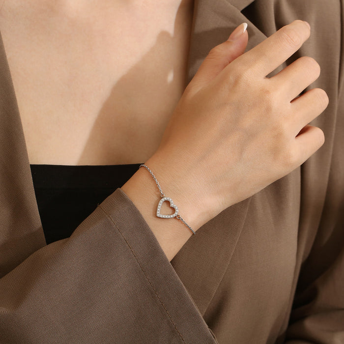 Inlaid Zircon Stainless Steel Heart Bracelet-Fancey Boutique