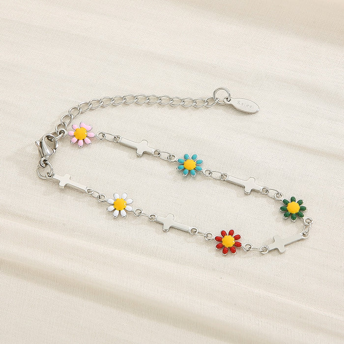 Flower & Cross Stainless Steel Bracelet-One Size-Fancey Boutique