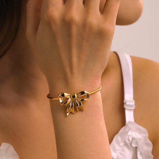18K Gold-Plated Stainless Steel Bow Bracelet-One Size-Fancey Boutique