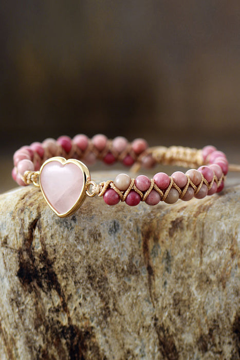 Rose Quartz Heart Beaded Bracelet-One Size-Fancey Boutique