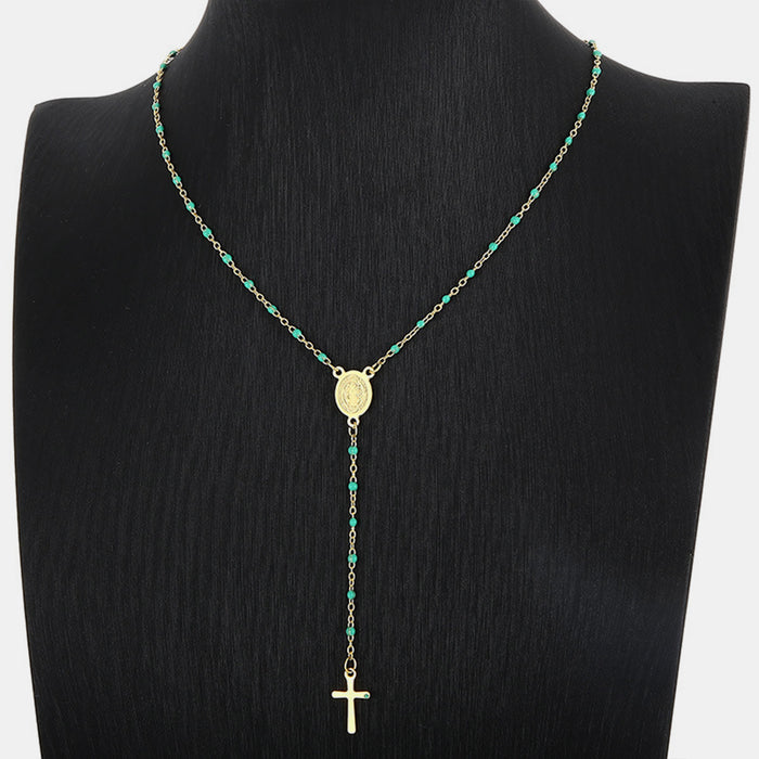 Stainless Steel Beaded Cross Necklace-One Size-Fancey Boutique