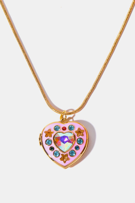 Rhinestone Decor Heart Box Pendant Necklace-One Size-Fancey Boutique