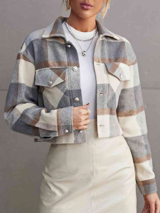 Color-S-Plaid Collared Neck Button Down Jacket-Fancey Boutique