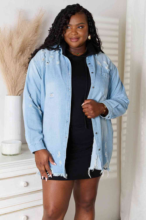 Color-S-RISEN Full Size Distressed Raw Hem Denim Jacket-Fancey Boutique