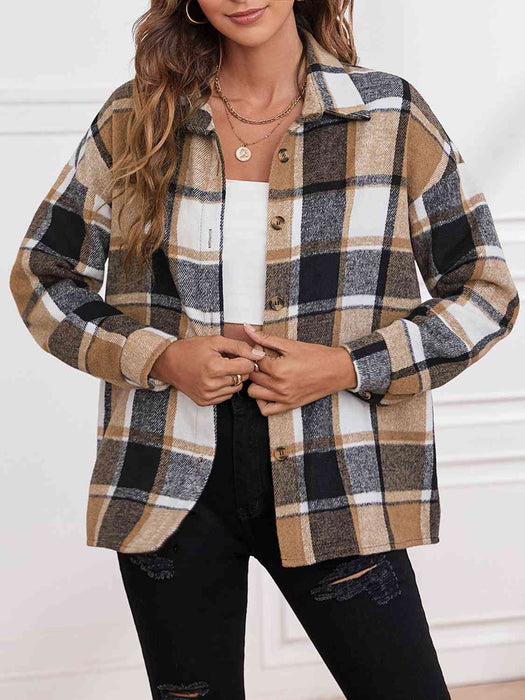 Color-Plaid Collared Neck Button Down Jacket-Fancey Boutique