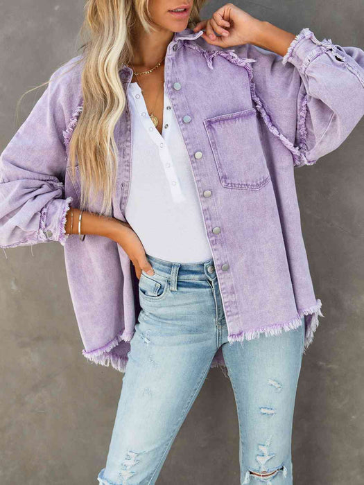 Color-Button Down Raw Hem Denim Jacket-Fancey Boutique