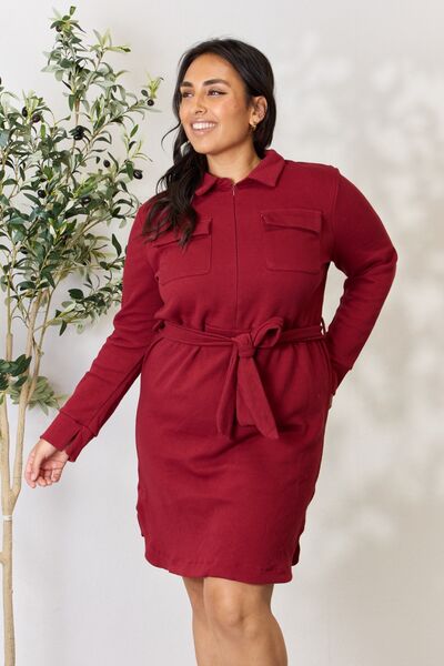 Color-Culture Code Full Size Tie Front Half Zip Long Sleeve Shirt Dress-Fancey Boutique