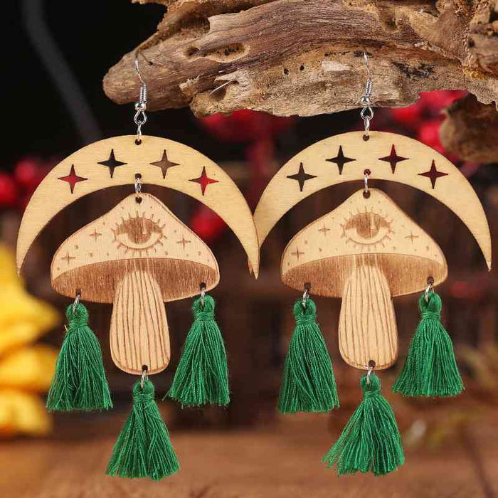 Color-One Size-Moon & Mushroom Tassel Detail Dangle Earrings-Fancey Boutique