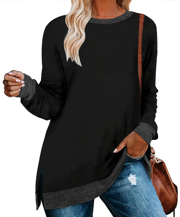 Color-Women Clothing Long Sleeve round Neck Multicolor Split Top Loose Casual Pullover T-shirt-Fancey Boutique