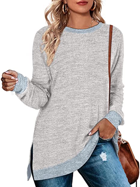 Color-Women Clothing Long Sleeve round Neck Multicolor Split Top Loose Casual Pullover T-shirt-Fancey Boutique