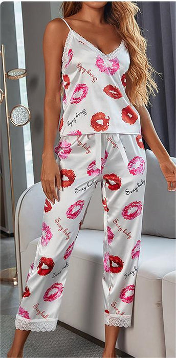 Color-Red Lips-Summer Sexy Pajamas Set Sling Lace Satin Artificial Silk Trousers Home Wear-Fancey Boutique