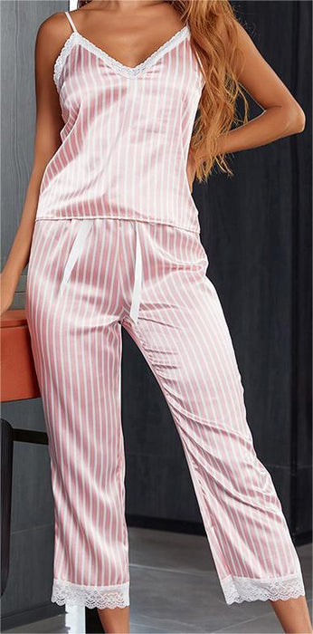 Color-Pink Stripe-Summer Sexy Pajamas Set Sling Lace Satin Artificial Silk Trousers Home Wear-Fancey Boutique