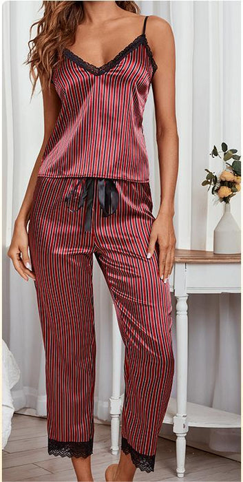 Color-Black and Red Stripes-Summer Sexy Pajamas Set Sling Lace Satin Artificial Silk Trousers Home Wear-Fancey Boutique