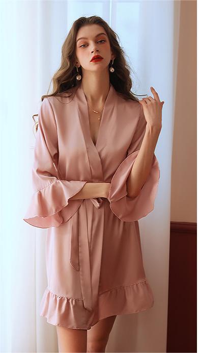 Color-Sexy Pajamas Sexy Artificial Silk Lotus Leaf Cuff Cardigan Outerwear Gown Nightgown-Fancey Boutique