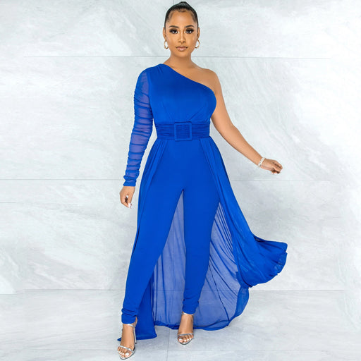 Color-Solid Color Sexy Mesh See-through One Shoulder Diagonal Collar Long Sleeve Trousers Jumpsuit Women-Fancey Boutique