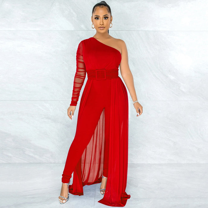Color-Solid Color Sexy Mesh See-through One Shoulder Diagonal Collar Long Sleeve Trousers Jumpsuit Women-Fancey Boutique