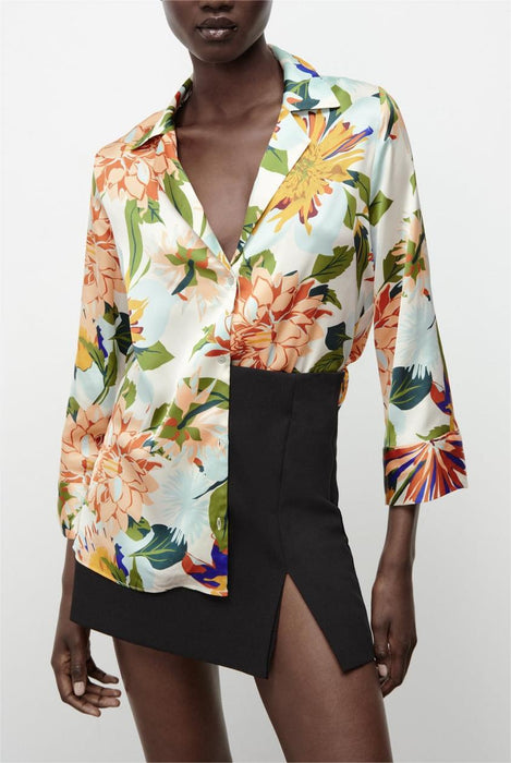 Color-Summer Women Collared Floral Print Wide Sleeve Single-Breasted Shirt Top-Fancey Boutique