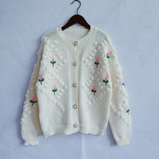 Color-Ivory-Autumn Winter Handmade Crocheted Embroidery Twist Pearl Buckle Knitted Sweater Cardigan Coat-Fancey Boutique