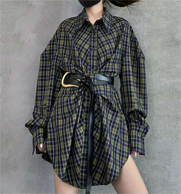 Color-Yellow & blue & plaid-Autumn Winter Plaid Shirt Women Loose Korean Retro with Belt Mid Length Shirt Dress Top-Fancey Boutique