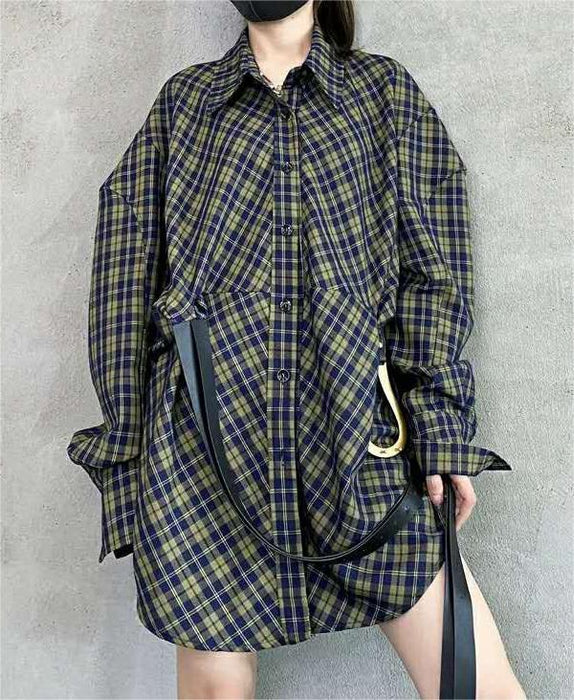 Color-Yellow & blue & plaid-Autumn Winter Plaid Shirt Women Loose Korean Retro with Belt Mid Length Shirt Dress Top-Fancey Boutique