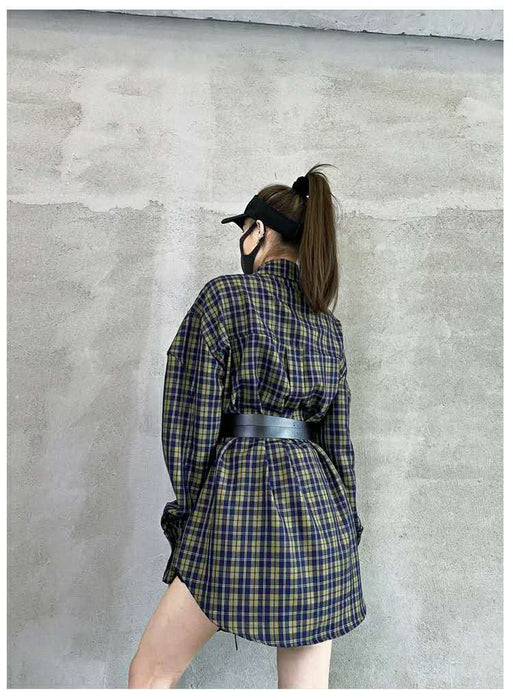 Color-Yellow & blue & plaid-Autumn Winter Plaid Shirt Women Loose Korean Retro with Belt Mid Length Shirt Dress Top-Fancey Boutique