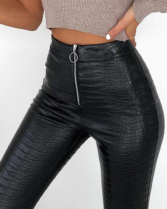 Color-Women Clothing High Waist Fall Winter Slim Faux Leather Zipper Skinny Pants-Fancey Boutique