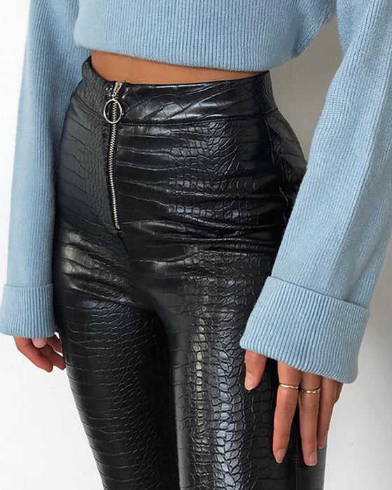 Color-Women Clothing High Waist Fall Winter Slim Faux Leather Zipper Skinny Pants-Fancey Boutique