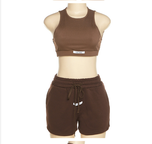Color-Coffee-Summer Women Clothing Solid Color Slim Fit Sleeveless Cropped Vest Loose Straight Casual Shorts Suit-Fancey Boutique