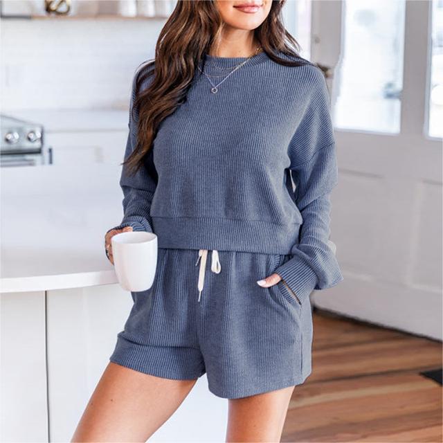 Color-Autumn Winter Solid Color round Neck Pullover Long Sleeve Sweater Women Casual Shorts Suit-Fancey Boutique