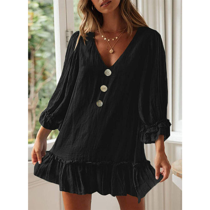 Color-Women A- line Dress Loose Long Sleeve Ruffled Hem Cotton Linen Dress-Fancey Boutique