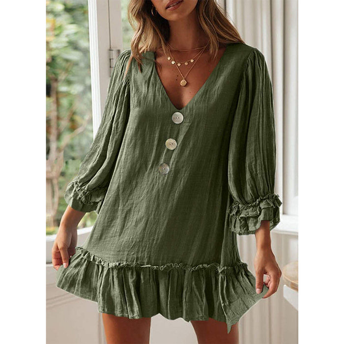 Color-Women A- line Dress Loose Long Sleeve Ruffled Hem Cotton Linen Dress-Fancey Boutique