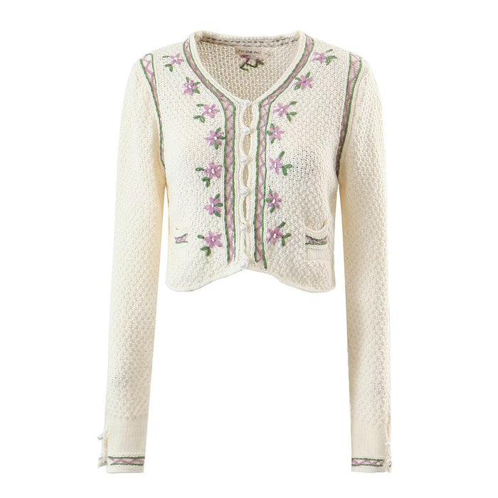 Color-White-Women Clothing Autumn Embroidered Knitwear Cardigan-Fancey Boutique