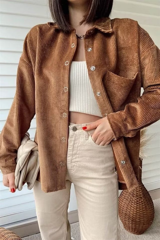 Color-Casual Brown Corduroy Shirt Simple Collared Mid Length Coat Early Autumn Net Pocket Women Top-Fancey Boutique