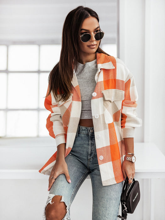 Color-Autumn Winter Women Clothing Color Plaid Shirt Brushed Woolen Coat-Fancey Boutique