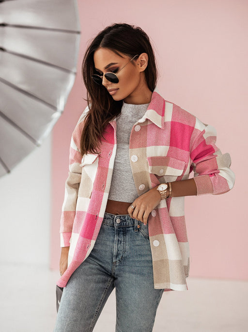 Color-Pink-Autumn Winter Women Clothing Color Plaid Shirt Brushed Woolen Coat-Fancey Boutique